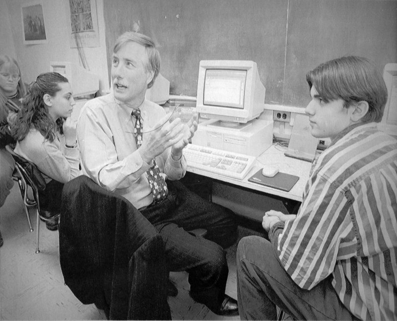 JAN. 13, 1997: Gov. Angus King visits Mount View High School in Thorndike to demonstrate a network to electronically connect all Maine schools and libraries to each other and the Internet. King embraced technology in education, and while in office, he initiated the Maine Learning Technology Initiative, an effort to provide laptops for every public middle-school student in the state. The program was the first of its kind in the nation.