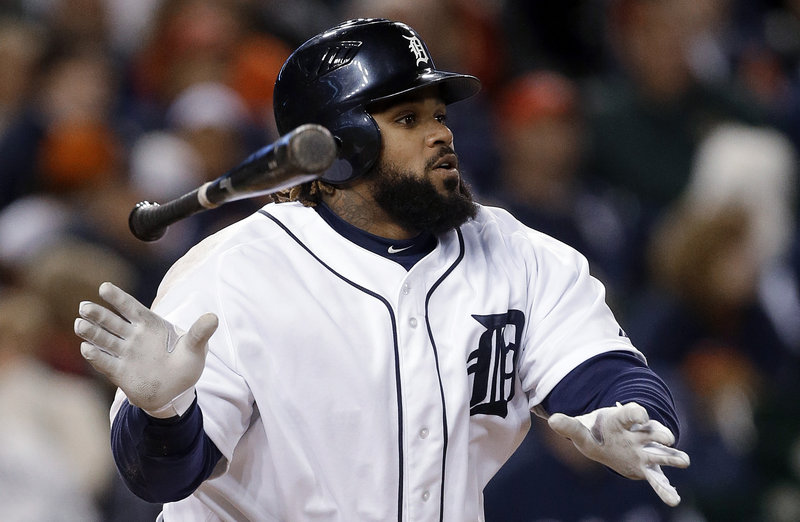 Detroit’s Prince Fielder watches a two-run home run Tuesday against the Oakland Athletics. Fielder’s teammate, Miguel Cabrera, had two homers in the Tigers’ 12-2 win.
