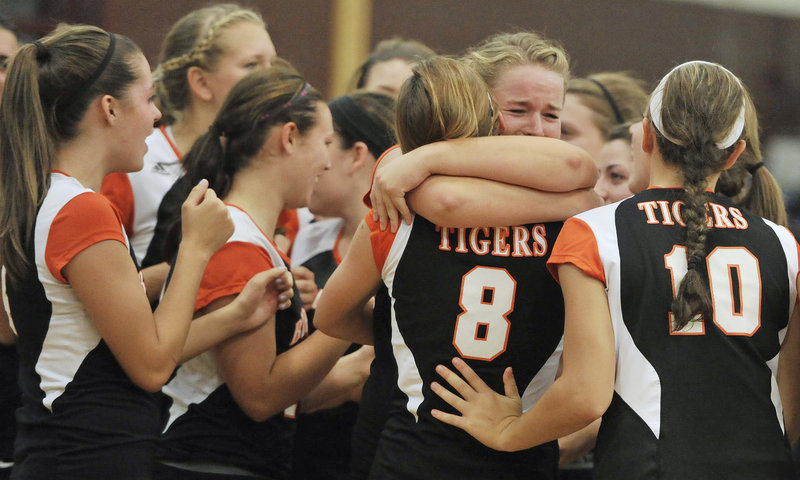 Biddeford continues to prove it’s the team to beat in high school volleyball, celebrating Wednesday night after defeating Greely in straight games, beating the Rangers for the second time. The Tigers are 7-0; Greely is 4-2.