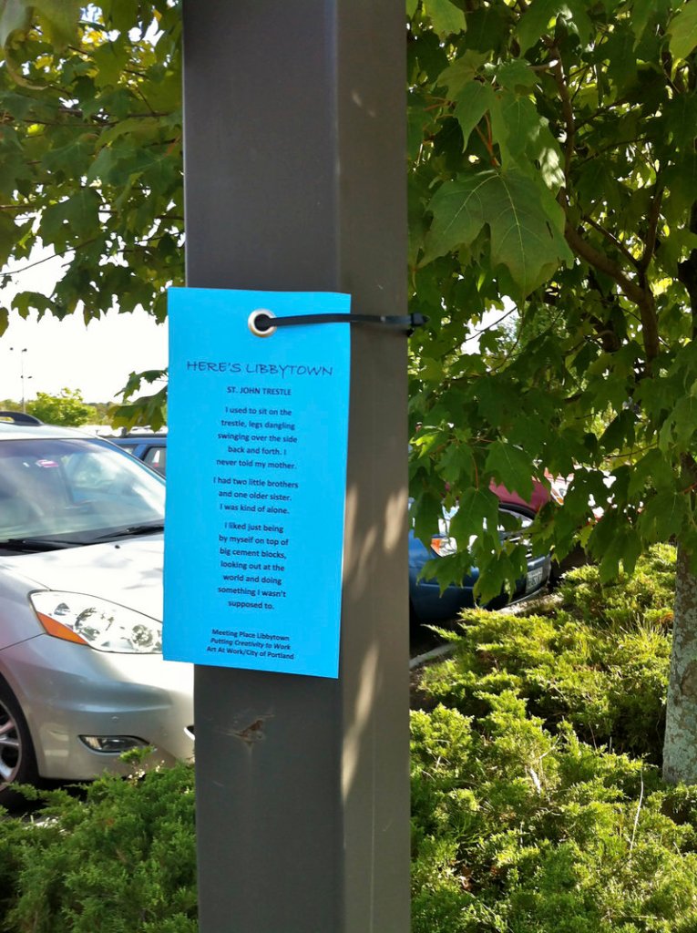 Poetry banners and poetry cards are displayed across Libbytown as part of The Meeting Place program. Residents worked with poet Betsy Sholl to create poetic expressions about their neighborhood.