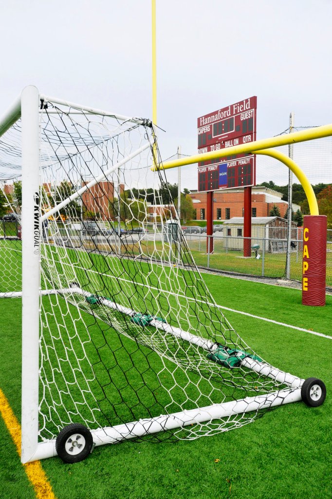 Hannaford Field at Cape Elizabeth High School was named in response to the supermarket chain’s gift of $100,000 to the fundraising drive for the artificial turf. The company did not ask for its name to go on the field.