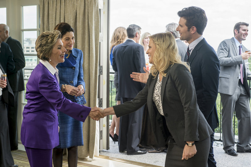 Sen. Olympia Snowe appears in a scene from NBC’s “Parks and Recreation,” which aired last week. At left is California Sen. Barbara Boxer and at right is actress Amy Poehler portraying the character Leslie Knoppe.