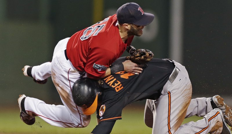 Boston’s Dustin Pedroia is upended by Baltimore’s Mark Reynolds as he tries to break up a double play in the sixth inning of the Orioles’ 4-2 win at Boston on Friday.