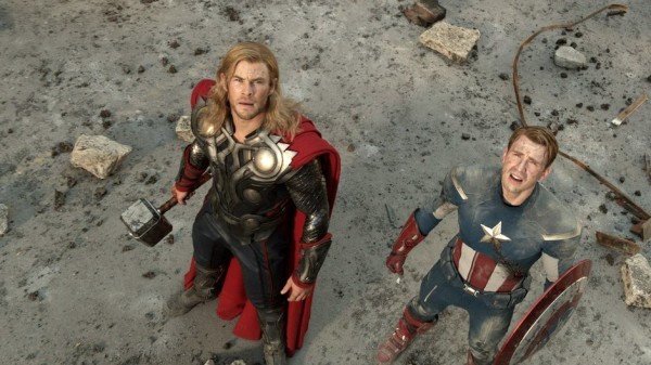 Chris Hemsworth, left, as Thor and Chris Evans as Captain America in “The Avengers.”