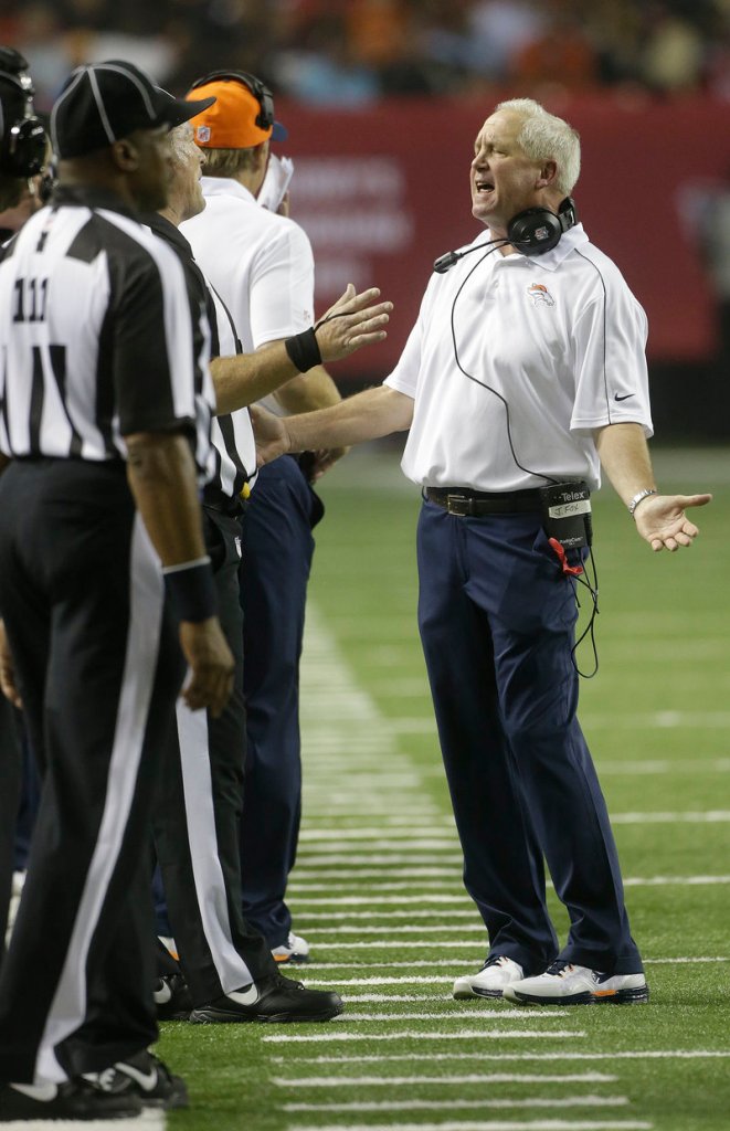 Denver Broncos Coach John Fox was fined $30,000 Monday for berating replacement officials during this game against the Atlanta Falcons a week earlier.
