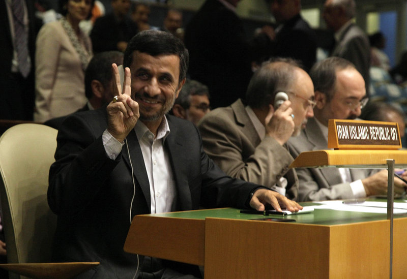 Iranian President Mahmoud Ahmadinejad gestures Monday while attending a meeting on the rule of law in the United Nations General Assembly at U.N. headquarters in New York.