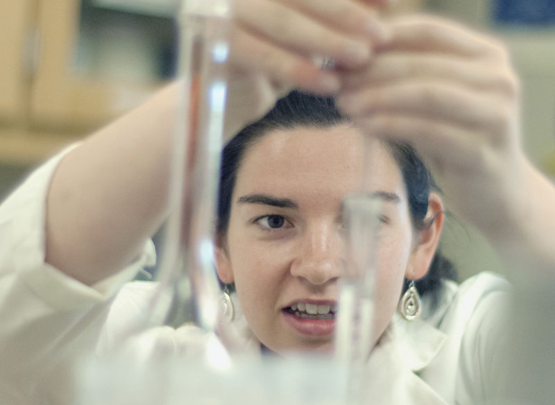 UMaine undergraduate student Katie Crosby uses chemical techniques to extract collagen from abalone tissue. At a time when enrollment at UMaine is down overall, a record number of students are enrolling in the university's Department of Food Science and Human Nutrition.