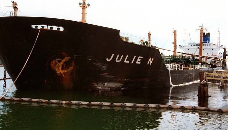 The damaged Julie N after its accident, which dumped about 180,000 gallons of oil into Portland Harbor.