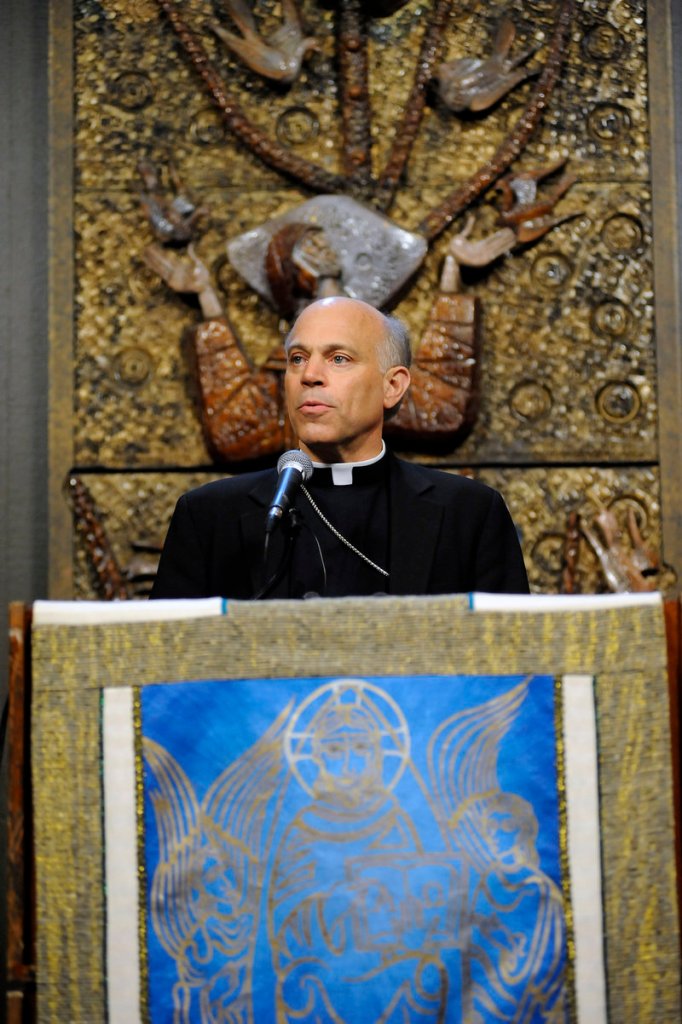 Newly appointed Archbishop Salvatore Cordileone, then bishop of Oakland, Calif., speaks during a news conference at St. Mary’s Cathedral in San Francisco on July 27.