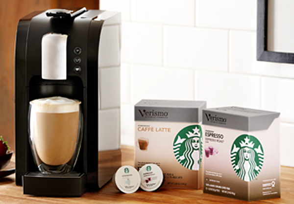 A Starbucks Verismo brewer with coffee pods.