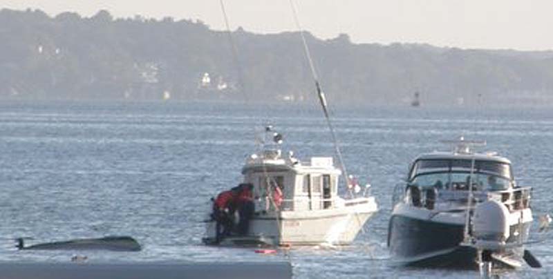 The crew of a Coast Guard auxiliary boat comes to the aid of a man after the skiff he was in, at left, collided with a 38-foot motor yacht off Little John Island in Yarmouth.