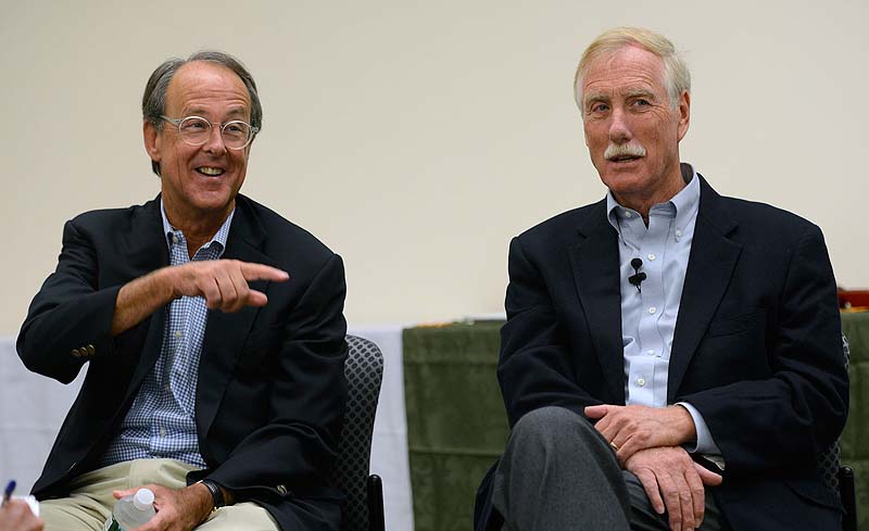 Erskine Bowles, left, former President Clinton’s chief of staff and co-chairman of the federal panel on fiscal responsibility, speaks at a campaign event for Angus King, right, a U.S. Senate candidate, at the University of Southern Maine in Portland on Sunday.