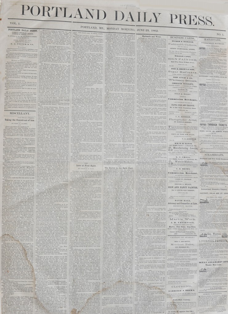 This is a photo of the first edition of the Portland Daily Press, published on June 23, 1862