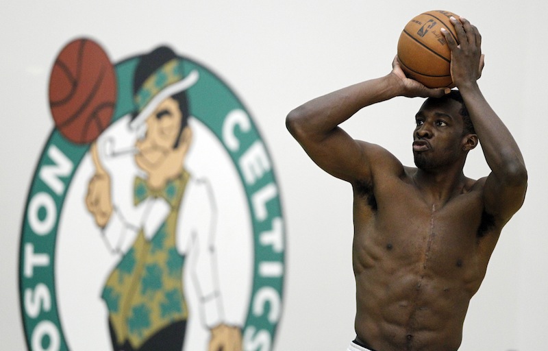 Boston Celtics' Jeff Green shoots during NBA basketball practice at the team's training facility in Waltham, Mass., Sunday, Sept. 30, 2012. (AP Photo/Michael Dwyer)