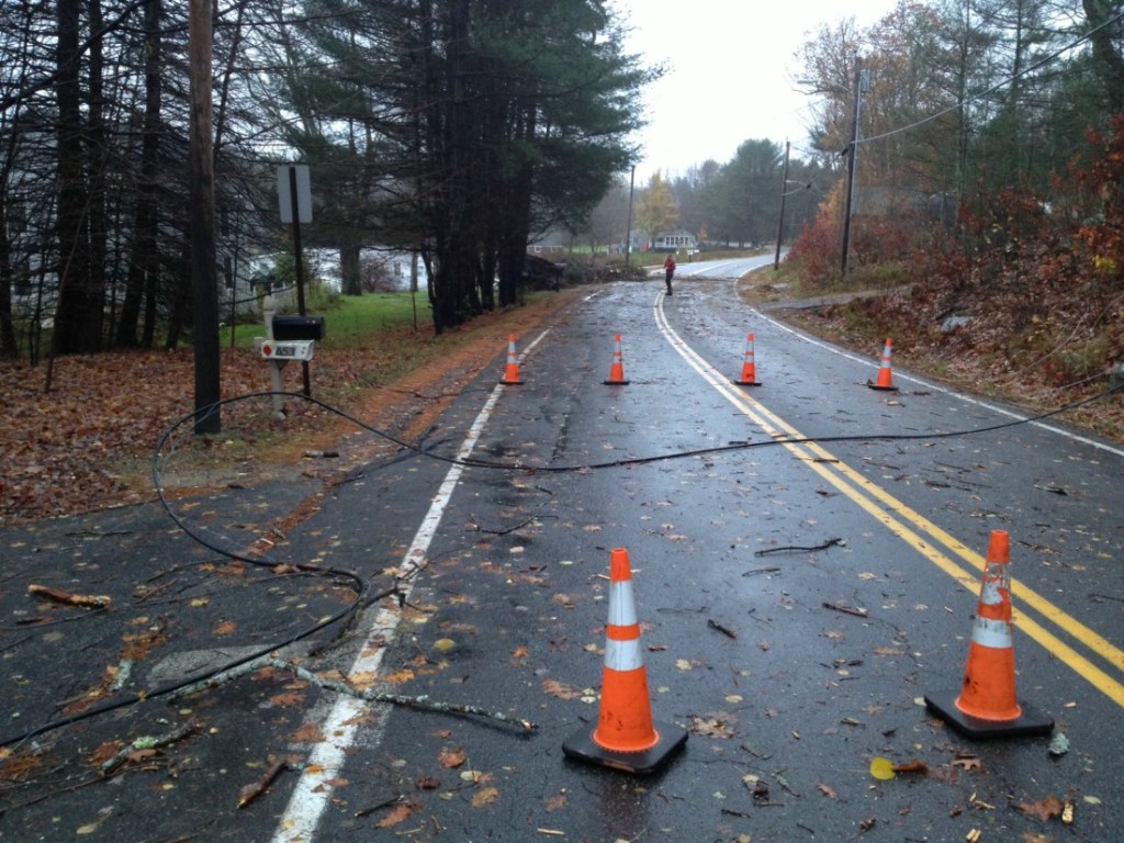 Wires could be seen on the ground across Methodist Road in Westbrook early Tuesday morning.