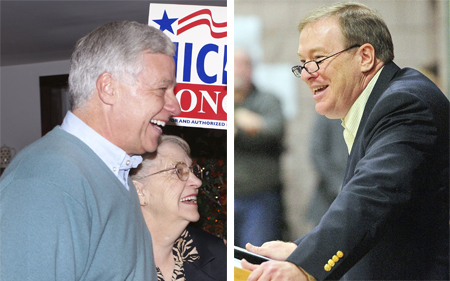 Left: U.S. Rep. Mike Michaud gets a hug from his mother, Jean, on Election Day in 2010. Michaud is undefeated in the 16 elections he’s faced. Right: As Maine Senate president, Kevin Raye is generally credited with trying to foster bipartisan cooperation. Every Thursday, he had dinner with his Democratic peers.