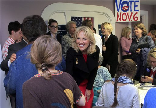 Jill Biden, wife of Vice President Joe Biden, greets campaign volunteers during a visit to a Obama campaign office Friday in Concord, N.H.