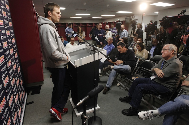 New England Patriots quarterback Tom Brady listens to a reporter's question during a media availability at the NFL football team's facility in Foxborough, Mass., Wednesday, Oct. 17, 2012. (AP Photo/Stephan Savoia) Gillette Stadium