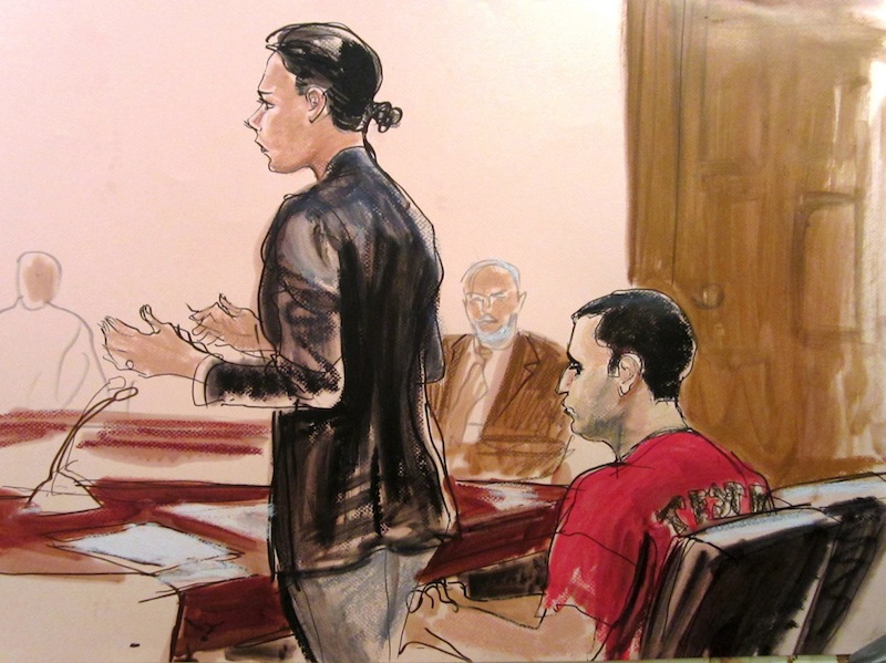 In this courtroom drawing Federal Defender Julie Gatto requests bail for her client, New York City Police Officer Gilberto Valle, right, at Manhattan Federal Court, Thursday, Oct. 25, 2012 in New York. Valle was charged with leading a ghoulish double life by using a law enforcement database and fetish chat rooms to dream up a plot to torture women and then cook and eat their body parts. (AP Photo/Elizabeth Williams)