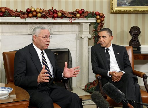 Former Secretary of State Colin Powell meets with President Barack Obama in the Oval Office in this 2010 photo.
