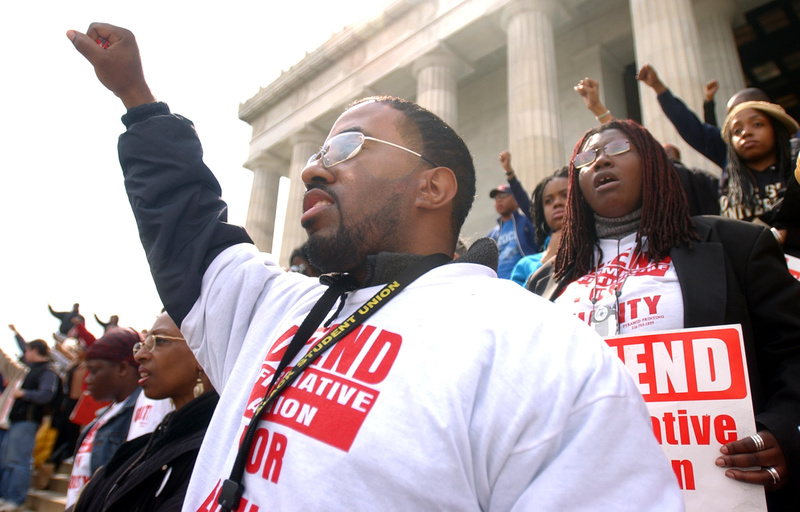 Members of the Black Student Union of the Cleveland State University demonstrate for affirmative action in front of the Lincoln Memorial in Washington.