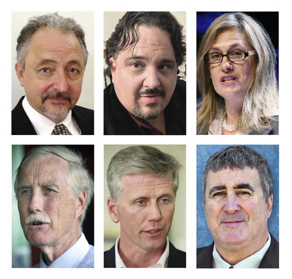 FILE - These file photos show Maine candidates for U.S. Senate in the November 2012 general election. Top row left to right: independent Danny Dalton, independent Andrew Ian Dodge and Democrat Cynthia Dill. Bottom row left to right: Independent Angus King, Republican Charlie Summers and independent Steve Woods. (AP Photos, File)
