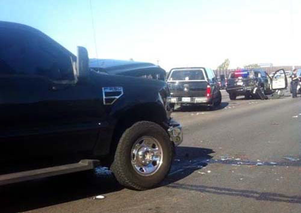 This cell phone image from the scene shows damage to a vehicle in the motorcade that was transporting U.S. Sen. Harry Reid, D-Nev., on Interstate 15 near Sahara Avenue in Las Vegas on Friday, Oct. 26, 2012. A University Medical Center spokeswoman says Reid is in good condition, but declined to provide specifics on injuries. (AP Photo/Las Vegas Review-Journal, Mike Blasky)