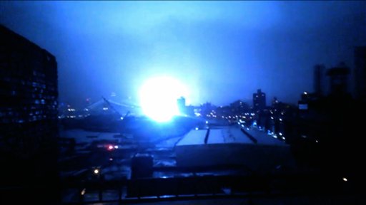 This image from video provided by Dani Hart shows a transformer exploding in lower Manhattan as seen from a building rooftop from the Navy Yard in Brooklyn during Sandy's arrival in New York City.
