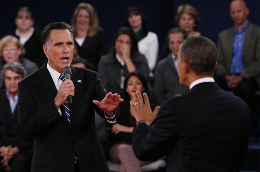 Republican presidential nominee Mitt Romney, left, addresses President Barack Obama Tuesday during the second presidential debate at Hofstra University in Hempstead, N.Y.