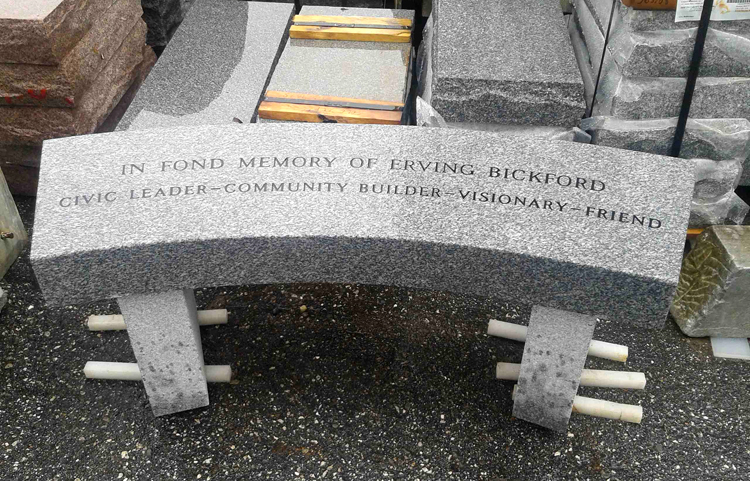The memorial bench for Erv Bickford, prior to its installation on a footpath that runs from Main Street to Rowe School,