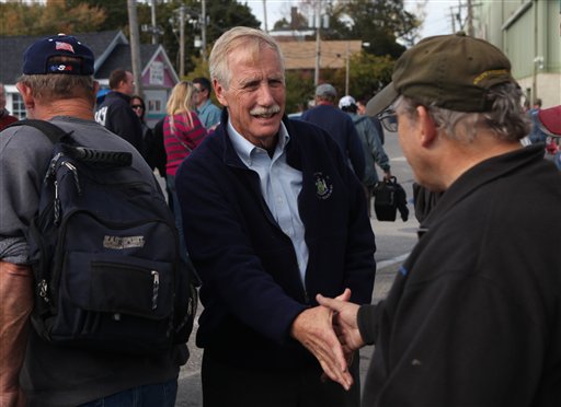 Independent candidate for the U.S. Senate, Angus King greets workers leaving Bath Iron Works, Monday, Oct. 1, 2012 in Bath, Maine. (AP Photo/Joel Page)