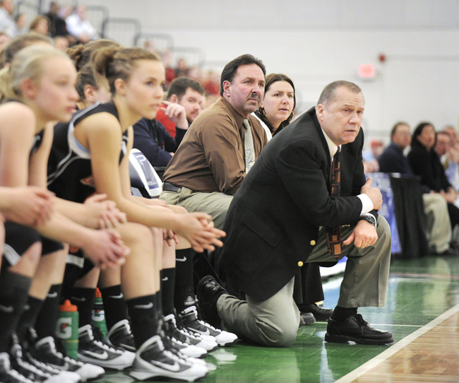 Then-Biddeford head coach Ron Cote watches his team play Cheverus in a girls Western Class A quarterfinal game at the Portland Expo in 2010. Cote coached the Biddeford girls for six seasons and had an 80-40 record.
