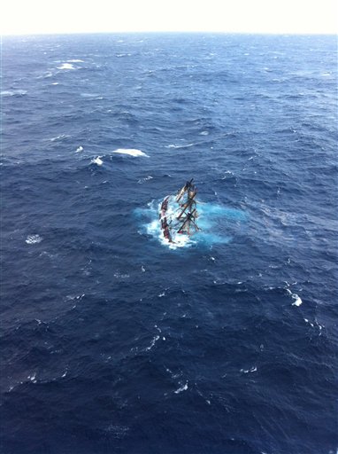This photo provided by the U.S. Coast Guard shows the HMS Bounty, a 180-foot sailboat, submerged in the Atlantic Ocean during Hurricane Sandy approximately 90 miles southeast of Hatteras, N.C., Monday, Oct. 29, 2012. The Coast Guard rescued 14 of the 16 crew members by helicopter. Hours later, rescuers found one of the missing crew members, but she was unresponsive. They are still searching for the captain.