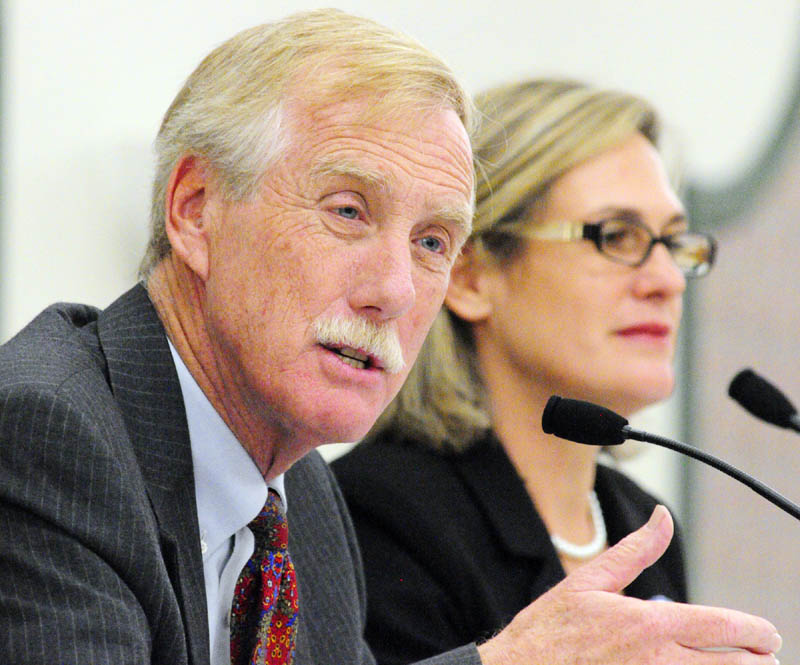 U.S. Senate candidates Angus King and Cynthia Dill participate in the Maine Municipal Association's debate on Thursday afternoon at the Augusta Civic Center.