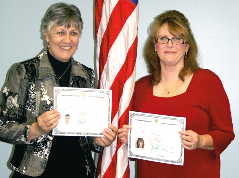 Longtime Maine School Administrative District 6 employees Martine Nugent and Hedy Smith recently became American citizens during a swearing-in ceremony performed at the MSAD 6 superintendent’s office.