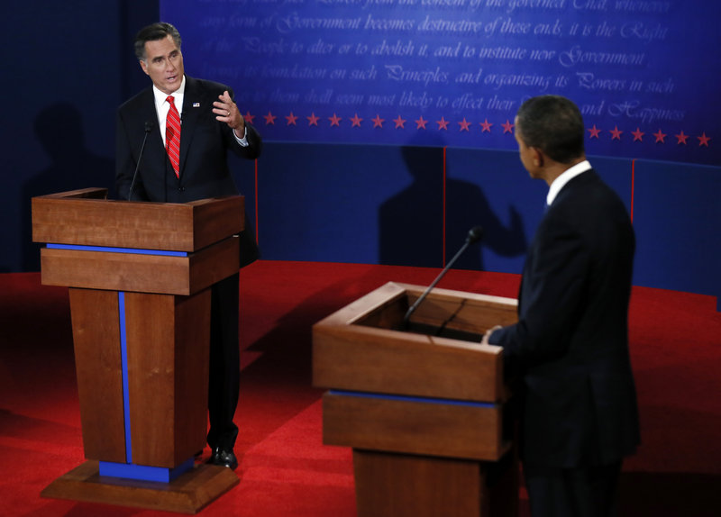 Republican Mitt Romney makes a point during the 90-minute first debate on domestic issues Wednesday night with President Obama. Pundits had said the first debate offered Romney his best opportunity to make gains in the race.