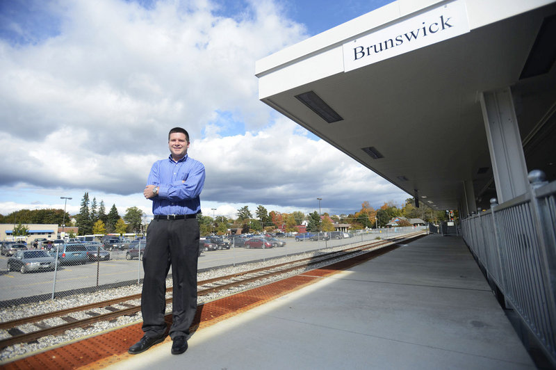 This photo shows Brandon Hussey, director of sales and marketing at the Inn at Brunswick Station in Freeport, at the Maine Street Station on Monday, Oct. 8, 2012. The Downeaster will begin making stops in Brunswick in November.