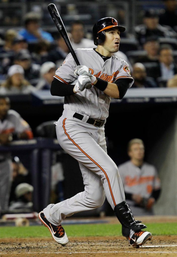 Ryan Flaherty of Portland follows through on a single for Baltimore in the fourth inning Thursday night.