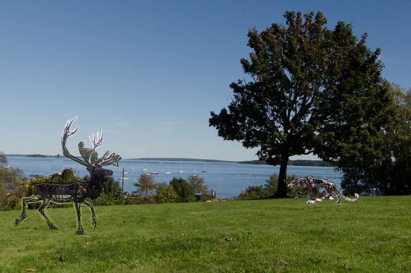 This manipulated photo suggests what sculptures of a caribou and mountain lion would look like on Portland’s Eastern Prom. Public comments on a request to place the artwork will be taken Wednesday.