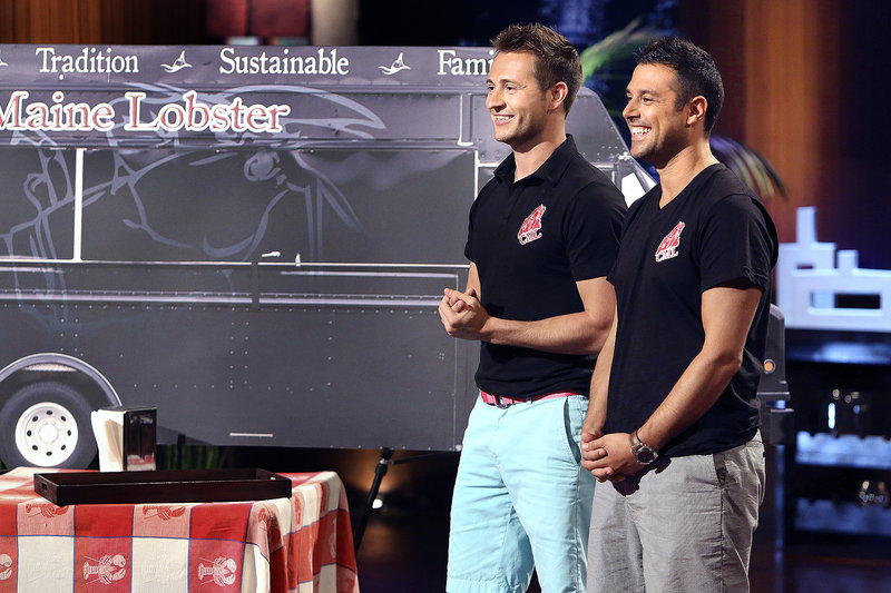 Jim Tselikis of Cape Elizabeth, left, and his cousin Sabin Lomac of Scar- borough appear on an episode of “Shark Tank,” looking for capital to invest in their lobster food business. The show airs Friday.