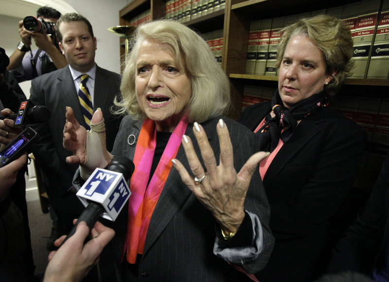 Edith Windsor, center, speaks at the offices of the New York Civil Liberties Union after a federal appeals court struck down part of the Defense of Marriage Act.