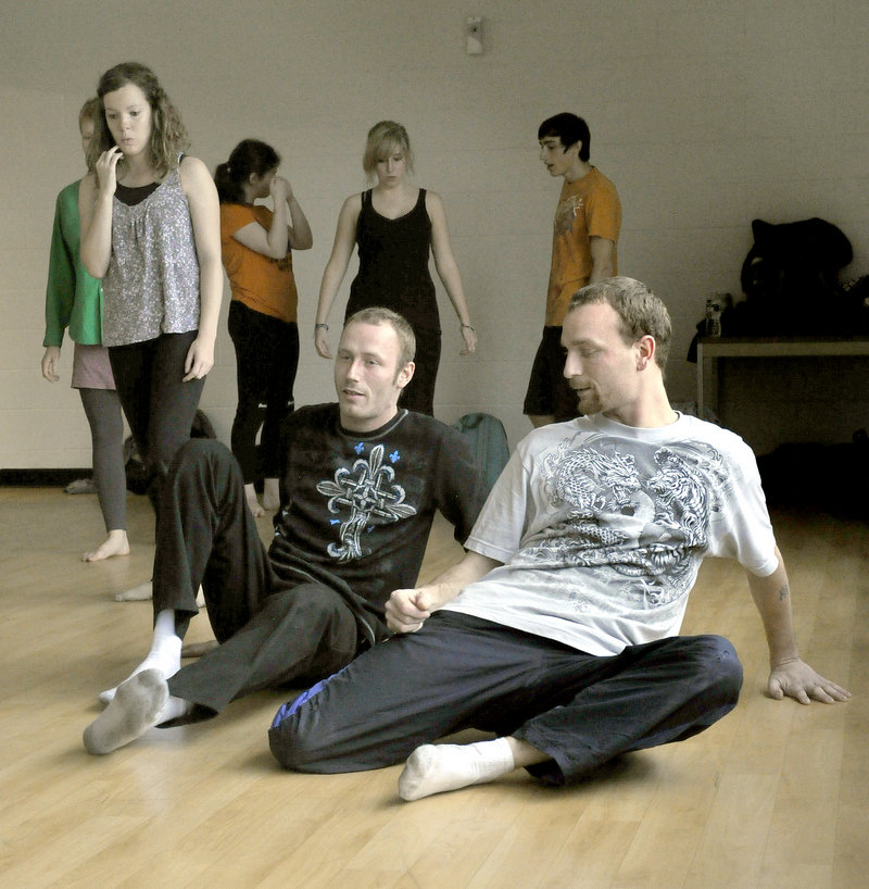 “The Two Brothers,” Keith Dinsmore and Ryan Jordan, take part in a modern dance class at Southern Maine Community College, taught by Jessamyn Schmidt, below.