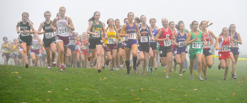 And they’re off for the start of the Class A girls’ race at the Western Maine cross country regionals Saturday at Twin Brook Recreation Area in Cumberland. Bonny Eagle won the Class A team title, heading the list of qualifiers for next week’s state meet in Belfast.