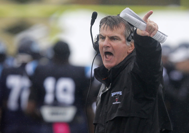 Maine head coach Jack Cosgrove shouts at one of his players during an NCAA college football game against New Hampshire on Saturday.