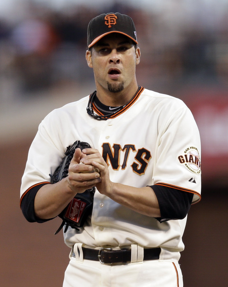 Ryan Vogelsong reacts after giving up a rare hit to Daniel Descalso during his gem of a Game 6 performance.