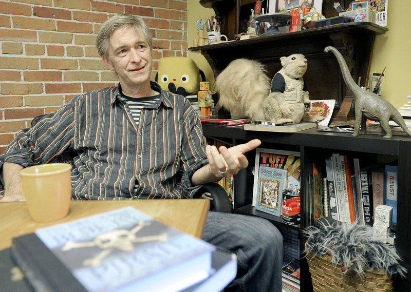 Scott Nash in his Portland office and, below, Captain Blue Jay, the star of his new book
