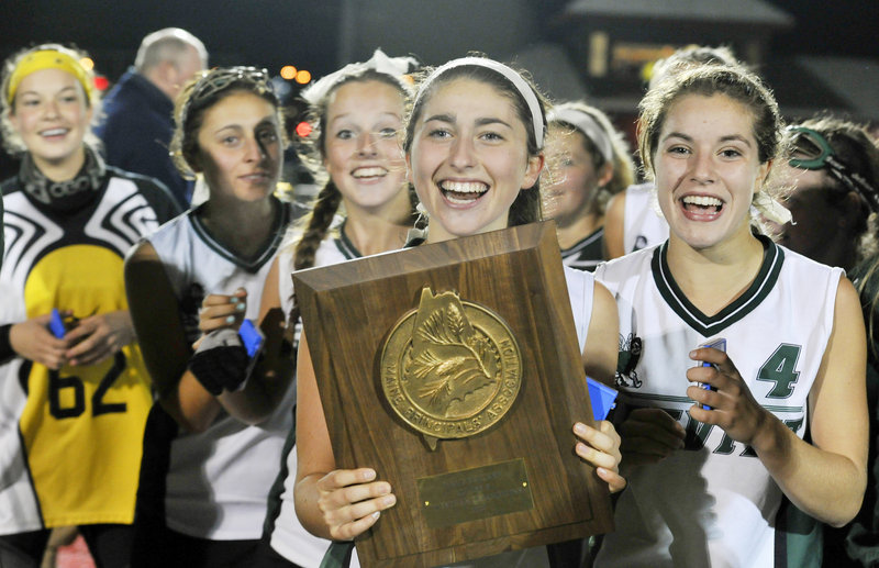 It used to be a common sight for the Leavitt High field hockey team, holding a championship plaque after each of its four regional title victories in the 1990s. But it hadn’t happened since 1997. Until Tuesday, when the Hornets beat York 1-0 in Class B. Morgan Shaw holds the plaque.