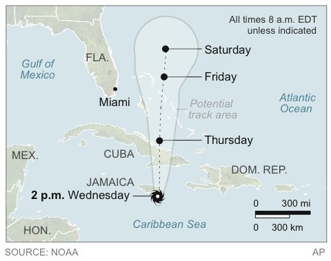 The projected path of Hurricane Sandy, which could eventually make its way up the East Coast.