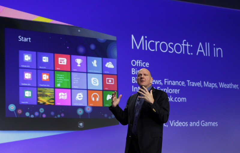 Microsoft CEO Steve Ballmer gives his presentation at the launch of Microsoft Windows 8 in New York Thursday. Windows 8 is the most dramatic overhaul of the personal computer market’s dominant operating system in 17 years.