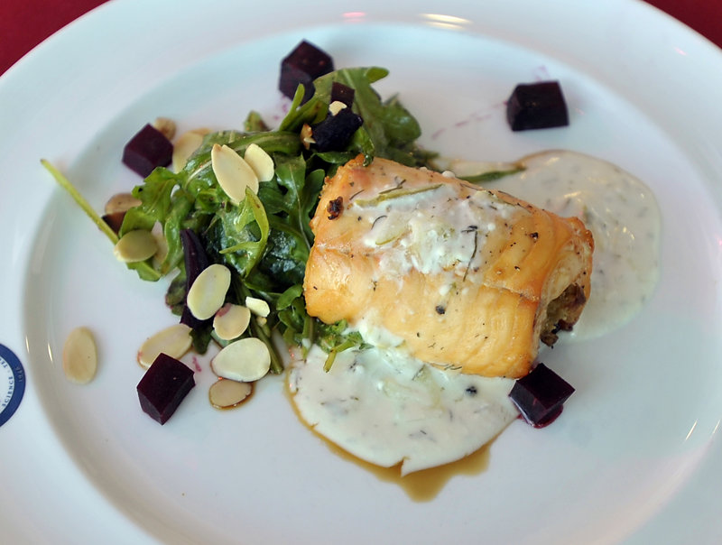 The winning recipe: Salmon Roulade with Cream Cheese Dill Sauce and Arugula Beet Salad